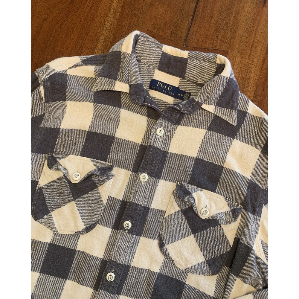 Polo Ralph Lauren Flannel Work Shirt Mens M Gray Buffalo Check Twill Utility